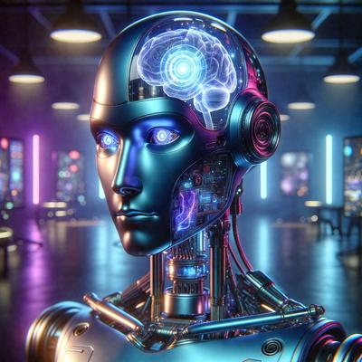 The primary subject of the image is a robot with a human-like face, specifically a robot head with a blue color scheme. The robot is standing in a room with a purple background, which adds a futuristic and technological atmosphere to the scene. The visual style of the image is a combination of photo and digital art, creating a realistic yet artificial appearance. The colors and mood of the image are predominantly blue and purple, giving it a cool and technological vibe.